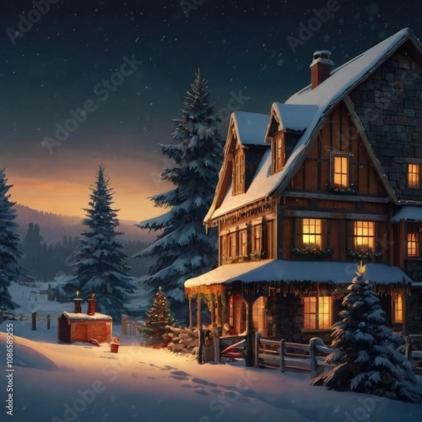 Fototapeta Christmas tree in front of a house