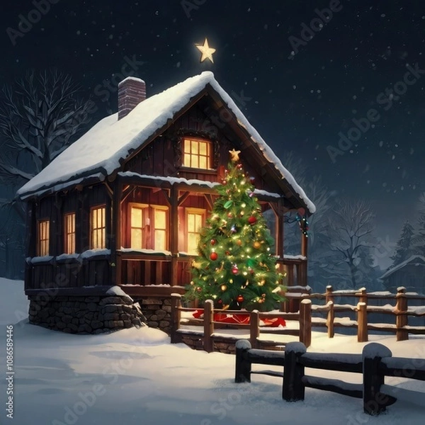 Fototapeta Christmas tree in front of a house