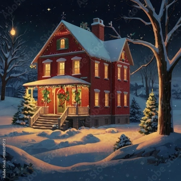 Fototapeta Christmas tree in front of a house