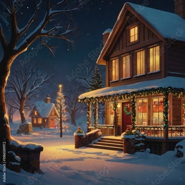 Fototapeta Christmas tree in front of a house