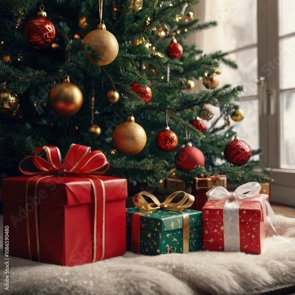 Fototapeta Christmas tree in front of a house