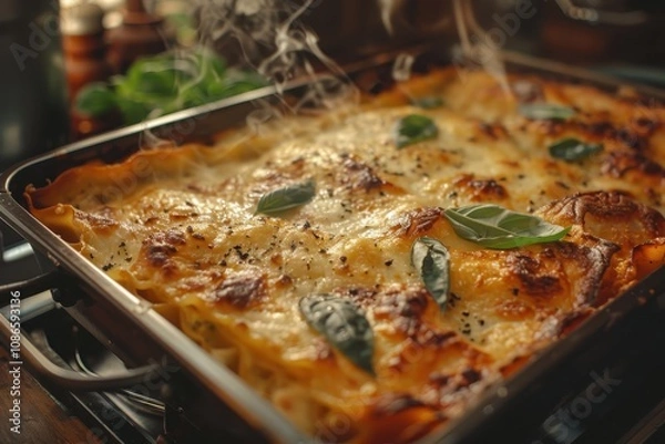 Obraz A steaming, cheesy lasagna dish topped with fresh basil, showcasing a delicious blend of pasta and sauce.