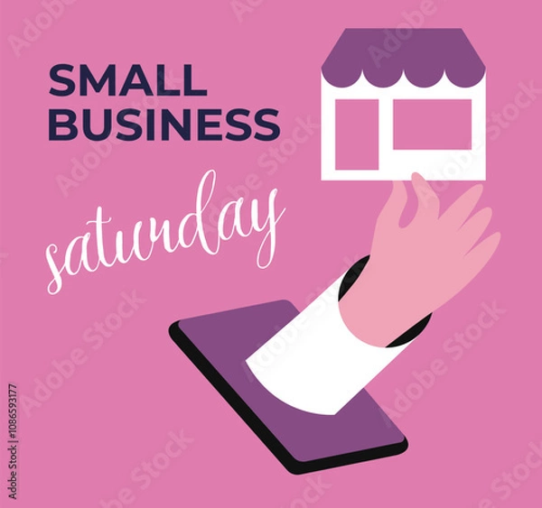 Fototapeta Small business Saturday. App for online shopping. Local Shop support. Banner, card and poster design. Flat vector illustration.