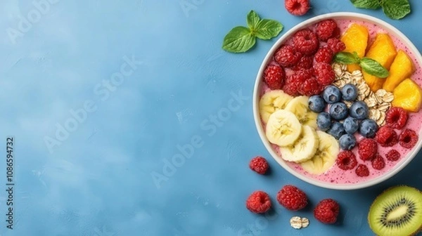 Obraz Colorful smoothie bowl with fruits and grains, representing a carbohydraterich meal for a healthy lifestyle, smoothie bowl, carbohydrate diet