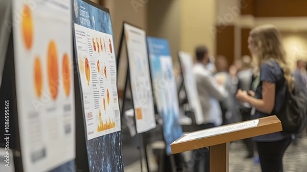 Obraz 9. A podium at a science conference, with scientific posters and lab equipment in the background