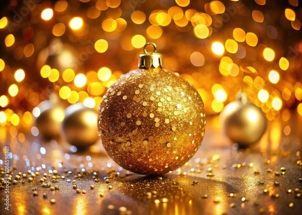Fototapeta AI-crafted Christmas, golden bokeh, surreal spheres.