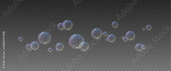 Obraz Realistic soap vector bubbles png isolated on transparent background. The effect of falling and flying bubbles. Glass bubble effect.	