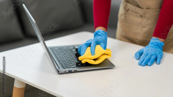 Fototapeta A young woman cleans her desk at home, using a disinfectant spray and a wipe. She ensures a hygienic and organized workspace, emphasizing cleanliness and personal health in her routine