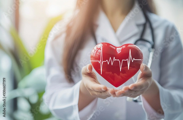 Fototapeta Doctor holding a red heart model with a heartbeat line, symbolizing cardiovascular health and care in a bright setting. Copy space