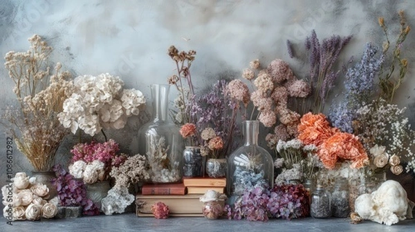 Obraz A beautiful arrangement of dried flowers and vintage books in glass jars, creating a serene and artistic display.