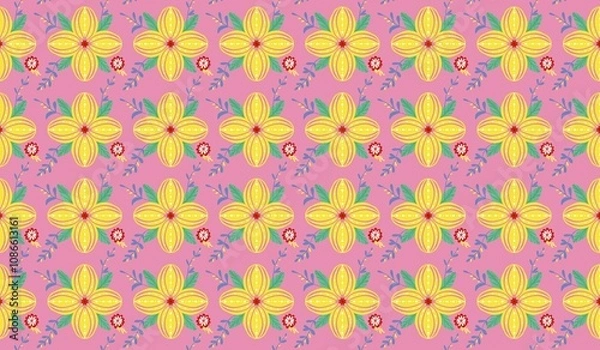 Fototapeta Seamless pattern abstract flowers yellow on pink background 