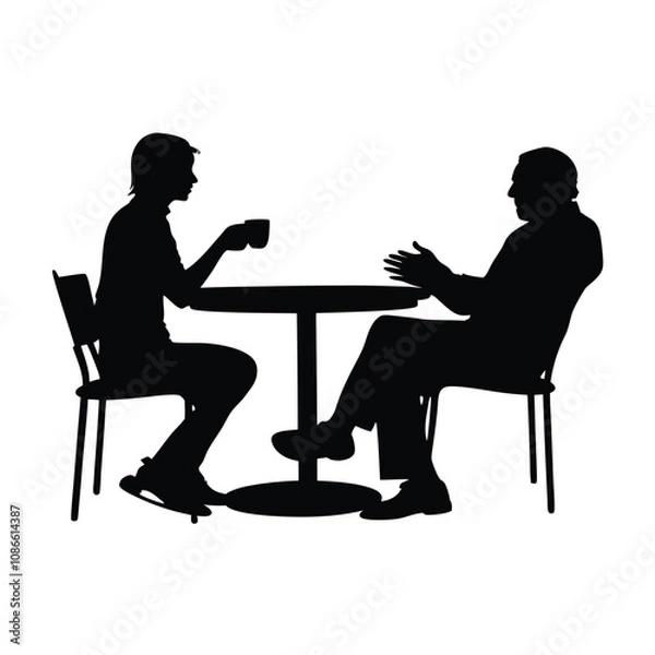 Fototapeta Two men sitting at a table. One man is drinking coffee. The other man is talking. There are two chairs