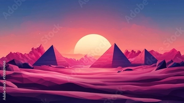 Fototapeta Retro Pixelated Desert Landscape with Pyramids and Glowing Sun at Sunset