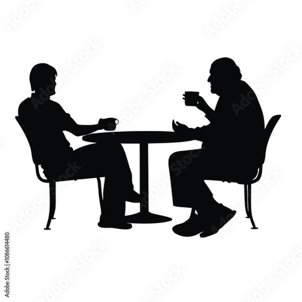 Fototapeta Two men sitting at a table. One man is drinking coffee. The other man is talking. There are two chairs