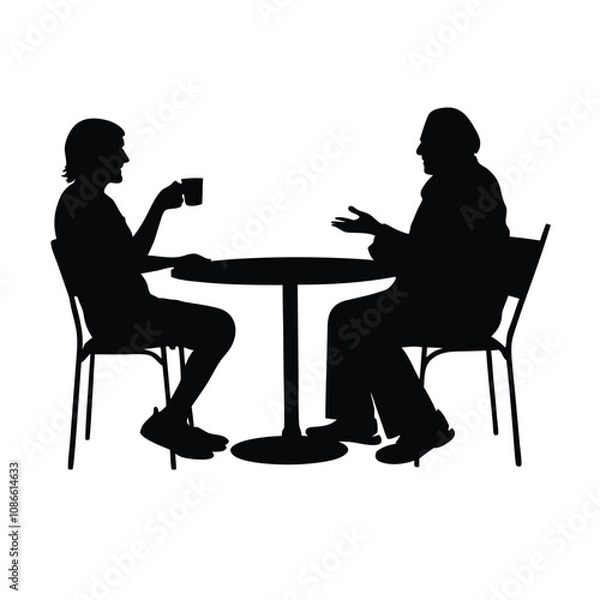 Fototapeta Two men sitting at a table. One man is drinking coffee. The other man is talking. There are two chairs