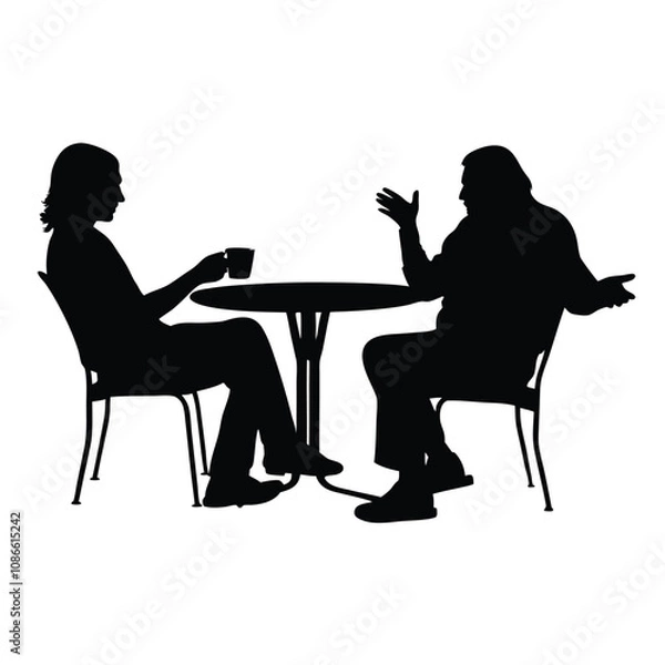 Fototapeta Two people sitting at a table. One of them is holding a cup. The table is round