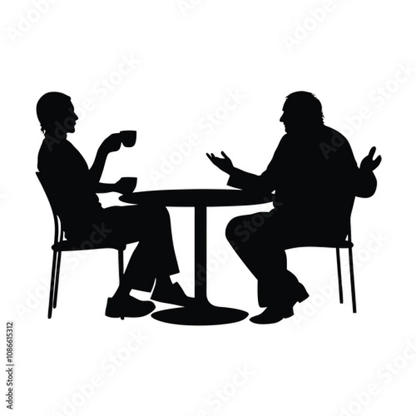 Fototapeta Two people sitting at a table. One of them is holding a cup. The table is round