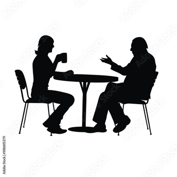 Fototapeta Two people sitting at a table. One of them is holding a cup. The table is round
