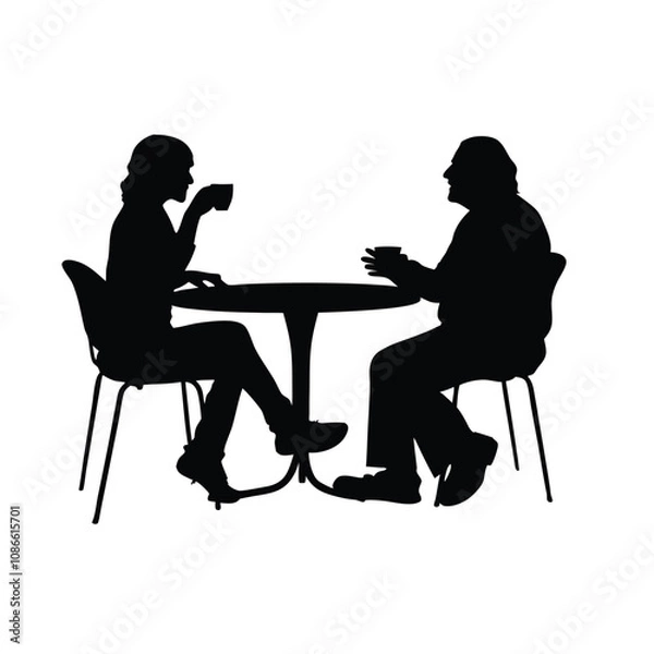 Fototapeta Two people sitting at a table. One of them is holding a cup. The table is round