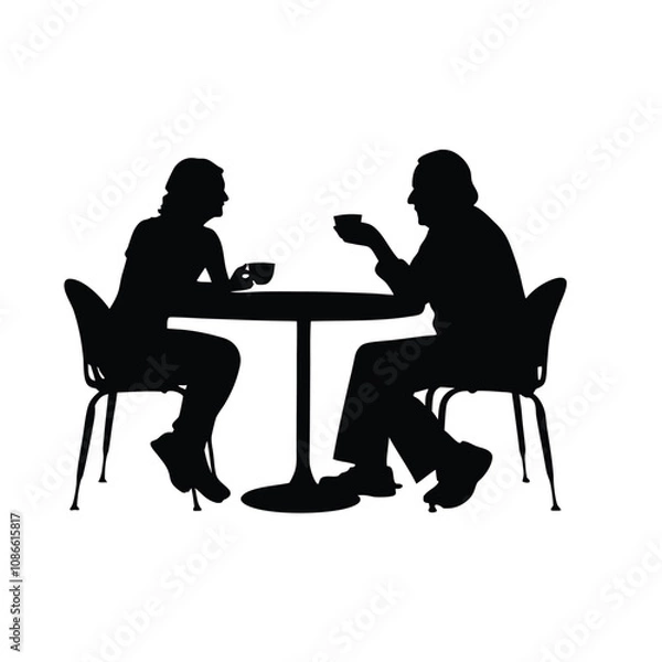 Fototapeta Two people sitting at a table. One of them is holding a cup. The table is round