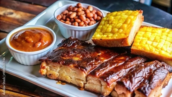 Fototapeta Barbecue Ribs with Cornbread and Peanut Sauce