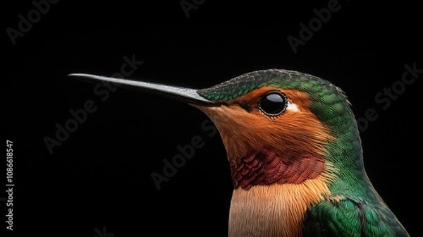 Obraz wildlife with a black background. A vibrant close-up of a hummingbird, showcasing its iridescent feathers and delicate features against a dark background.