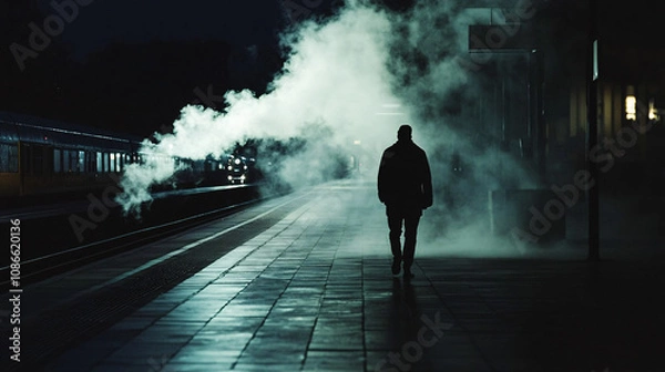 Fototapeta Dark Silhouette of a Person Walking Along a Deserted Train Platform, Smoke from a Train Engine Filling the Air, Enhancing the Mystery 