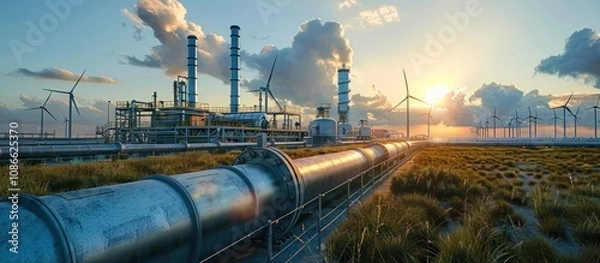 Fototapeta Green Energy Transition. Modern Industrial Plant with Wind Turbines at Sunset, Combining Fossil Fuels and Renewable Resources.