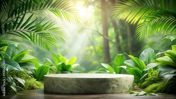 Fototapeta Empty round stone pedestal podium with fresh green leaves background, mockup for product advertising