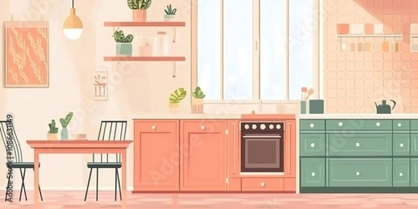 Fototapeta Abstract Marketing Background Featuring a Stylish Family Kitchen Interior with Dining Table, Cabinets, and Panoramic Windows, Enhanced with Design Elements, Perfect for AI-Generated Wallpaper and Digi