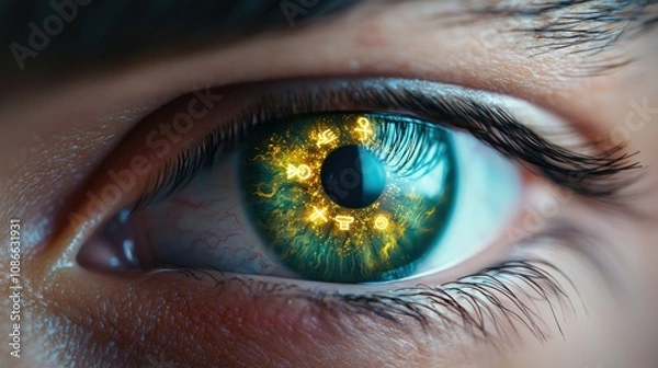 Obraz An eye with glowing runes or symbols embedded within the iris, suggesting ancient knowledge, hidden powers, or a connection to the supernatural.