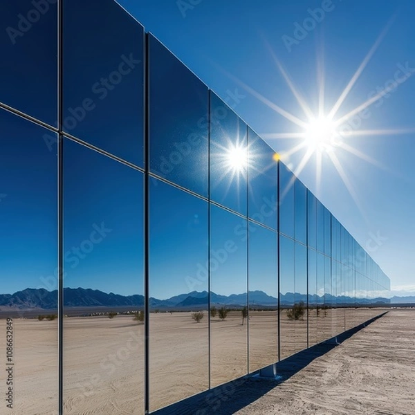 Fototapeta A solar farm stretching across a desert with mirrored panels reflecting the blazing sunlight