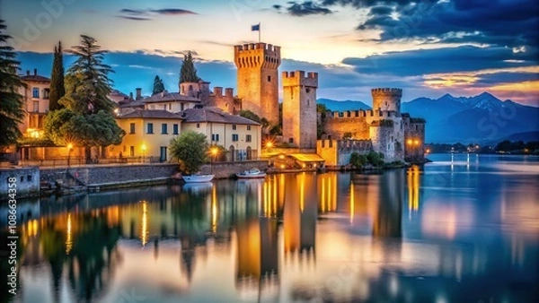 Obraz Romantic Italian lakefront views come alive with Sirmione's night photography.