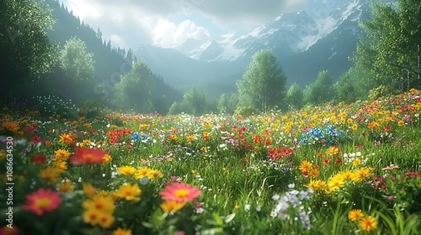 Fototapeta A vibrant field of wildflowers blooms in a mountain valley under a cloudy sky.
