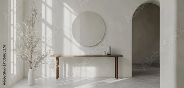 Fototapeta Scandinavian hallway design with a white theme, featuring a circular mirror and console table.