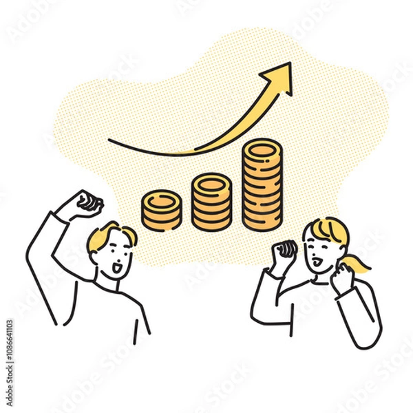 Obraz シンプル　イラスト　お金が増えて喜ぶ男女