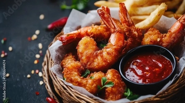 Fototapeta Crispy and delicious shrimp with dipping sauce