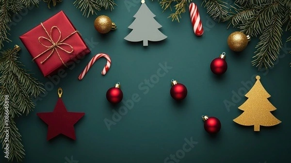Fototapeta Minimalist Christmas symbols on a Dark Forest Green background using Cherry Red, Goldenrod, and Sky Blue with Soft Black shadows and Light Gray emboss