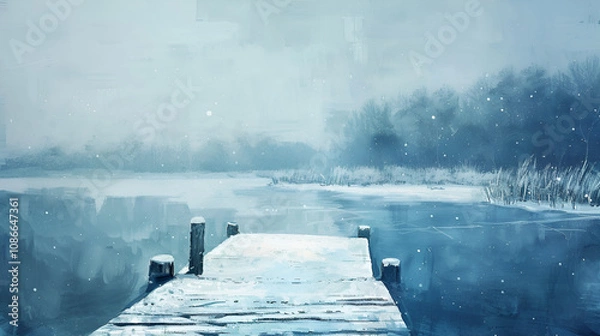 Fototapeta Ice covered dock by a snowy lake tranquil winter scene with frozen surface isolated and serene copy space