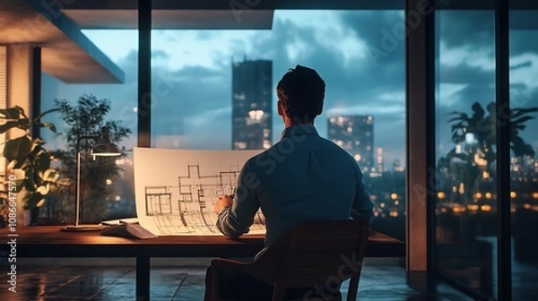 Fototapeta A luxurious modern house glows under warm lights, surrounded by lush gardens and a sparkling infinity pool.