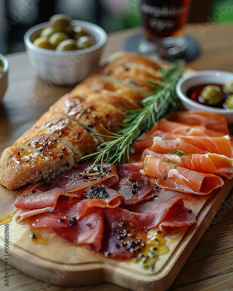 Obraz Tasty charcuterie board with assorted meats, bread, and olives—perfect for a cozy evening!