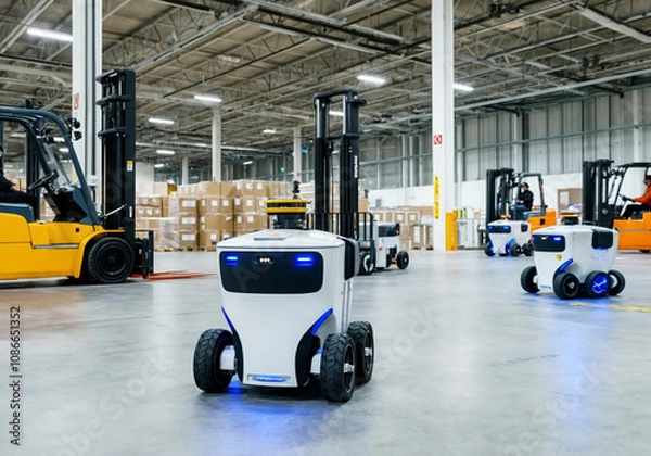 Obraz 物流倉庫で自律移動するロボット 
Robots moving autonomously in logistics warehouses.	
