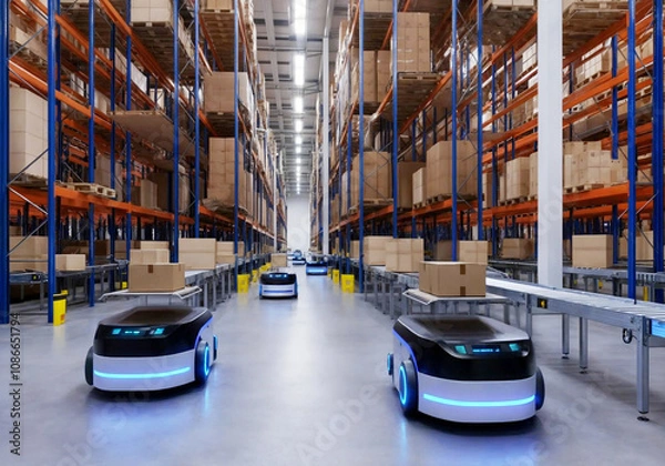 Obraz 物流倉庫で自律移動するロボット 
Robots moving autonomously in logistics warehouses.	
