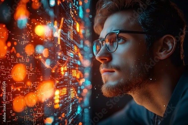 Fototapeta Man Observes Futuristic Data Streams Intensely