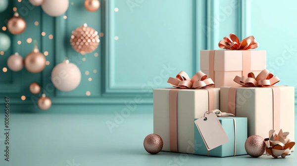 Fototapeta Vibrant holiday patterns featuring 3Drendered gift boxes with sale tags, Exclusive Offers, dynamic seasonal energy