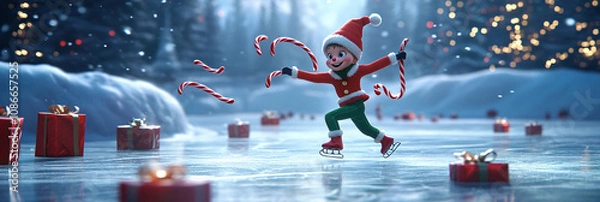 Fototapeta Elf Ice Skating on a Frozen Pond, with Candy Canes Stuck in the Ice and Presents Spinning Around Him 