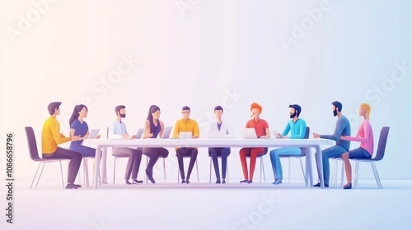 Fototapeta Diverse Business Team Engaged in Collaborative Discussion Around Modern Conference Table with Laptops and Digital Devices in Bright Office Space