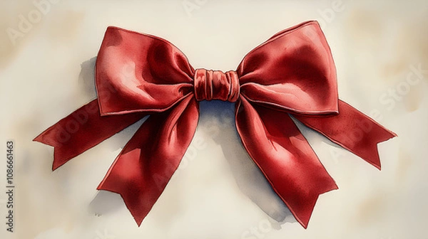 Fototapeta A playful watercolor sketch of a soft, elegant velvet bow in deep burgundy, centered on a white surface