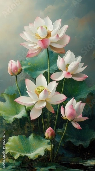 Fototapeta A serene depiction of beautiful lotus flowers blooming amidst lush green leaves, symbolizing purity and tranquility.