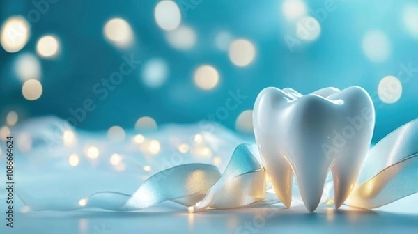 Fototapeta Glossy white tooth resting on a soft surface with shimmering lights in the background, symbolizing the importance of oral care and fresh breath.